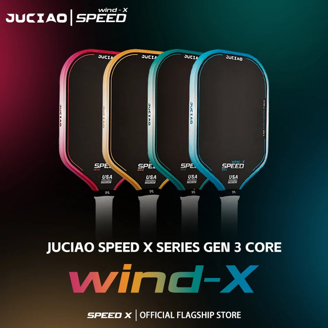 Four pickleball paddles in pink, orange, teal, and blue, angled side by side against a dark multicolor gradient background, showing the upper half of each paddle face and grip.