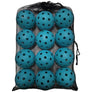 Twelve dotted-texture teal balls packed inside a black mesh drawstring bag.