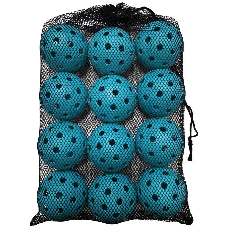 Twelve dotted-texture teal balls packed inside a black mesh drawstring bag.