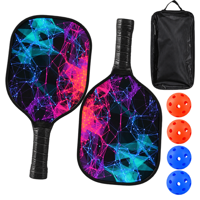 Two black pickleball paddles printed with a pink, purple and teal low-poly network pattern, shown with a zippered carry case, two orange balls and two blue balls.