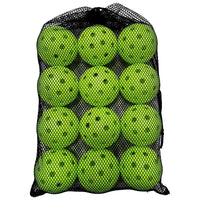 Twelve bright green perforated balls packed inside a black mesh drawstring bag.