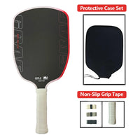 White background, front view of a paddle with a red edge and a light gray textured face and an off-white wrapped grip, alongside inset photos of a black zippered paddle cover and three rolls of grip tape.