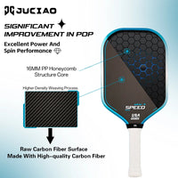 Close-up of a blue-edged pickleball paddle face split diagonally between a smooth black surface and an exposed hexagon honeycomb core pattern, white grip visible at the bottom.