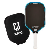 White background product photo of a blue pickleball paddle standing beside its matching black zippered paddle cover.