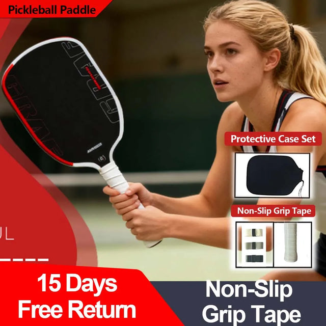 Outdoor court photo of a player holding a red and black paddle in a two-handed ready position, with promotional banners and inset product photos overlaid.