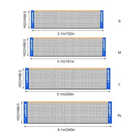 Four stacked diagrams comparing net length and height across four sizes, each labeled with its measurement in meters and inches.