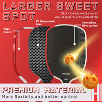 Red background exploded-view diagram of a paddle showing the edge guard, a honeycomb-pattern core layer, and the textured face surface with labeled callouts.