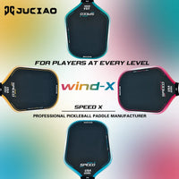 Four pickleball paddle faces in blue, yellow, pink, and teal arranged in a cross pattern around centered text, on a pastel rainbow background.