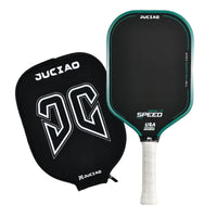 White background product photo of a teal pickleball paddle standing beside its matching black zippered paddle cover.