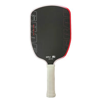 White background, front view of a paddle with a red edge, light gray textured face, and an off-white wrapped grip.
