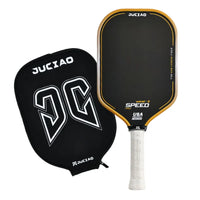 White background product photo of a yellow pickleball paddle standing beside its matching black zippered paddle cover.