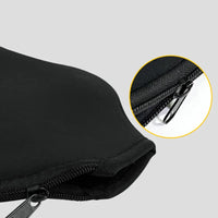 Close-up of a black cover's zipper pull, with a magnified inset showing the zipper teeth.