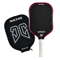 White background product photo of a maroon pickleball paddle standing beside its matching black zippered paddle cover.