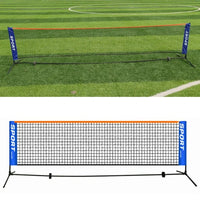 A net with an orange top edge and blue end panels, shown set up on turf and on a plain background with its supporting frame.