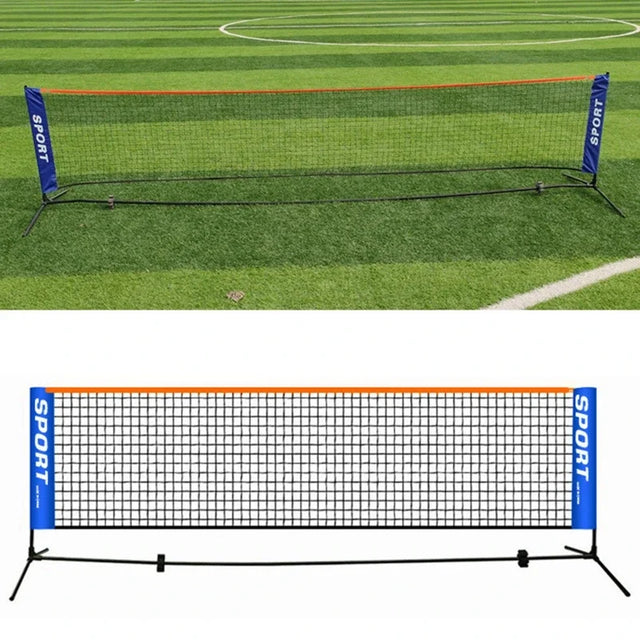 A net with an orange top edge and blue end panels, shown set up on turf and on a plain background with its supporting frame.