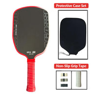 White background, front view of a red and black paddle with a red perforated grip, alongside inset photos of a black zippered paddle cover and three rolls of grip tape.
