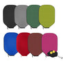 Grid of eight neoprene paddle covers in different solid colors, one shown with a paddle and two balls resting on it.