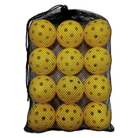 Twelve dotted-texture yellow balls packed inside a black mesh drawstring bag.