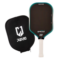 White background product photo of a yellow pickleball paddle standing beside its matching black zippered paddle cover.