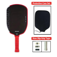 White background, front view of a red and black paddle with a red perforated grip, alongside inset photos of a black zippered paddle cover and three rolls of grip tape.