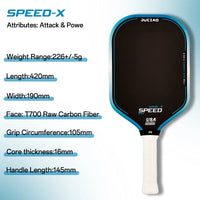 Blue pickleball paddle shown upright beside a list of dimension callouts on a light blue background.