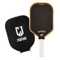 White background product photo of a teal pickleball paddle standing beside its matching black zippered paddle cover.