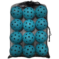 Twelve dotted-texture teal balls packed inside a black mesh drawstring bag.