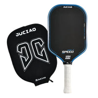 White background product photo of a blue pickleball paddle standing beside its matching black zippered paddle cover.