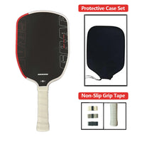 White background, front view of a paddle with a red edge and light gray textured face, alongside inset photos of a black zippered paddle cover and three rolls of grip tape.