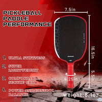 White-on-red dimension diagram of a paddle showing its length, width, handle length, and grip circumference with numbered callouts.