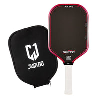 White background product photo of a red pickleball paddle standing beside its matching black zippered paddle cover.