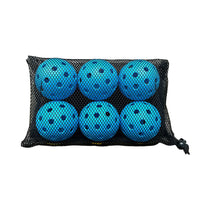 Six dotted-texture sky-blue balls packed inside a black mesh drawstring bag.