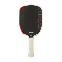 White background, front view of a paddle with a red edge, light gray textured face, and an off-white wrapped grip.