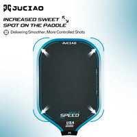 Front view of a blue-edged pickleball paddle face with white arrows pointing toward each of the four corners, on a light blue gradient background.