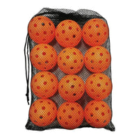 Twelve orange perforated balls packed inside a black mesh drawstring bag.