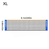 A diagram of the largest net size, labeled XL, with length and height measurements shown in meters and inches.