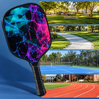 A paddle with a blue and magenta network pattern shown against a blue background, beside four photographs of a park lawn, a paved path, an outdoor court and a running track.