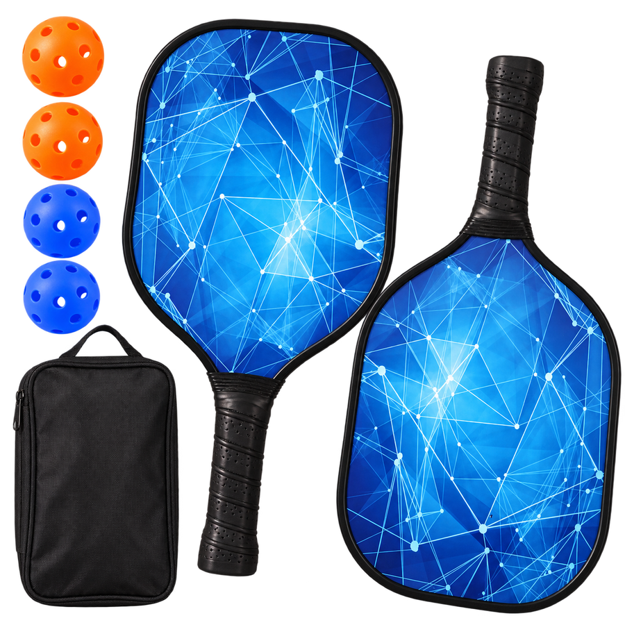 Two pickleball paddles printed with a blue constellation pattern on a dark face, shown with two orange balls, two blue balls and a black zippered carry case.