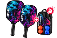 Two paddles with a blue and magenta network pattern, each face carrying a printed wordmark, shown with a clear-front case holding a third paddle, two orange balls and two blue balls.